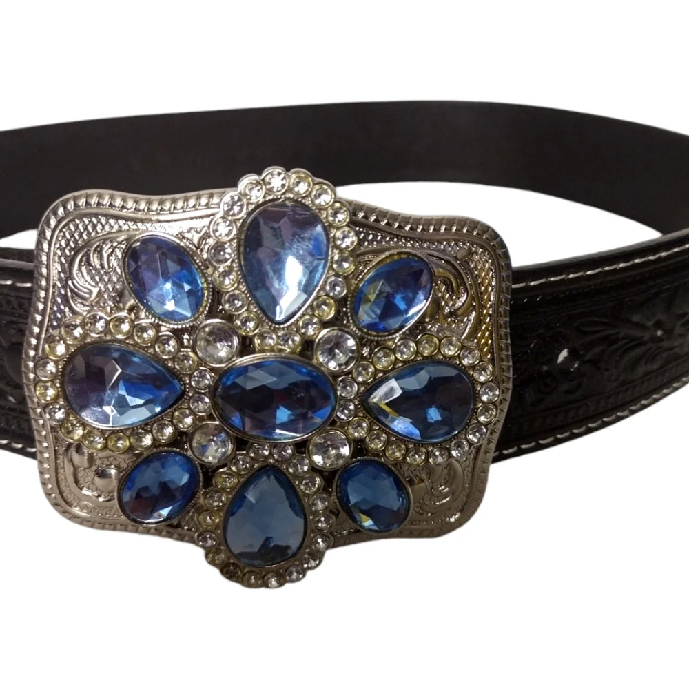 Roper Rhinestone Snap On Buckle Tooled Leather Belt